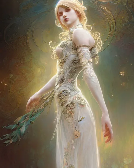 Image similar to Floralpunk elysian Maiden of radiant light wearing ivory lace dress made of stardust by Ruan Jia and artgerm, award winning art, Artstation, art nouveau aesthetic, Alphonse Mucha background, intricate details, semi-realistic, full view