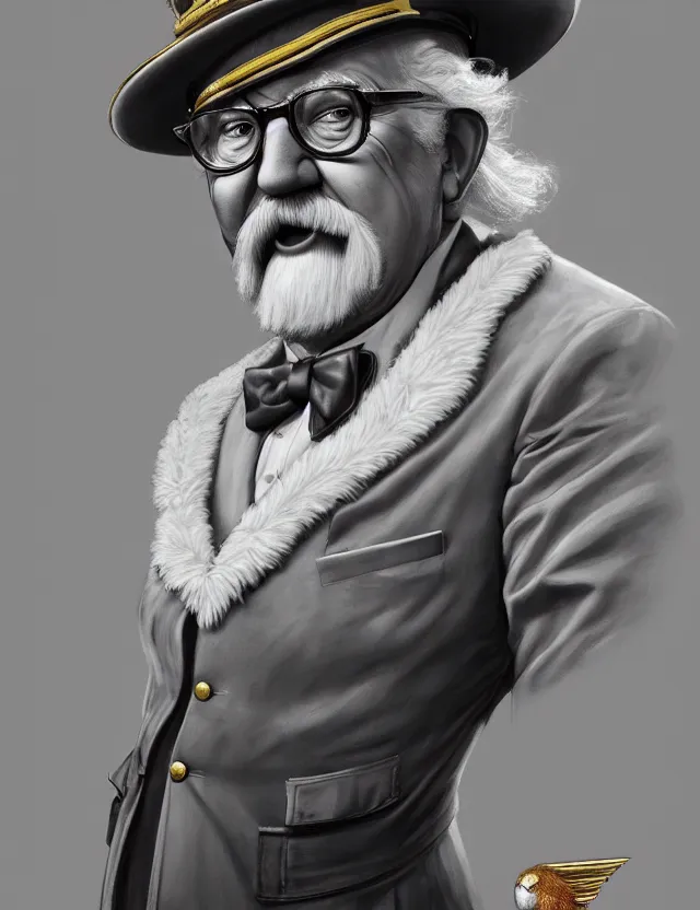 Image similar to a portrait of colonel sanders as a dictator, by moebius and tyler edlin and hr giger, trending on artstation, digital art, 4 k resolution, detailed, high quality, sharp focus, hq artwork, coherent, insane detail, concept art