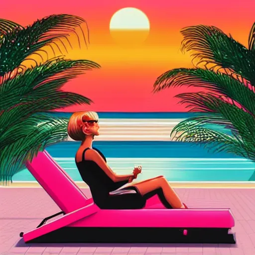 Prompt: robocop on a sun lounger sipping cocktails by the pool at sunset. soothing, vapouwave, hiroshi nagai style, trending on artstation, 8 k, beautiful, soothing. n - 4