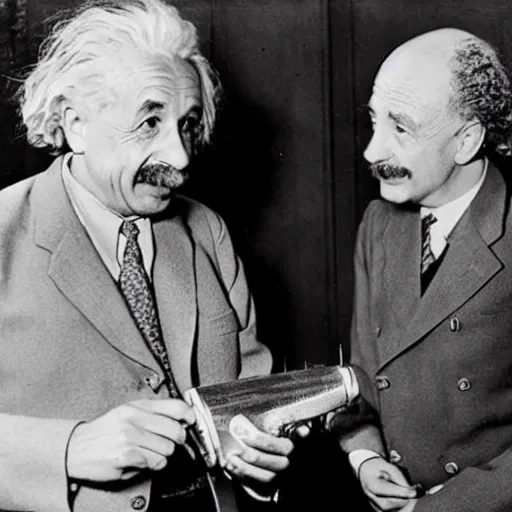 Prompt: 1940s photograph of Albert einstein trying to calculate why the banana is curved