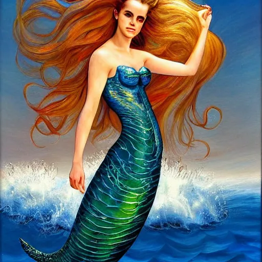 Image similar to emma watson as sea mermaid, artwork by julie bell,