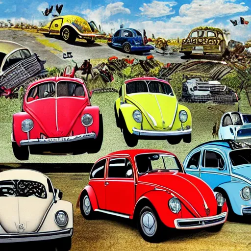 Image similar to highly detailed illustration of a bunch of volkswagen beetles and the british group the beatles battling on a junkyard battleground, color restoration