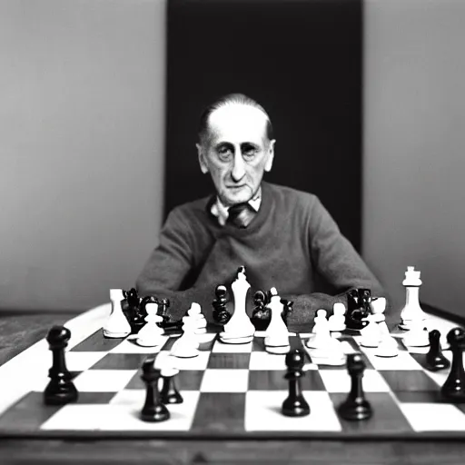 Image similar to a long exposure shot of Marcel Duchamp working on a chess readymade object, archival pigment print