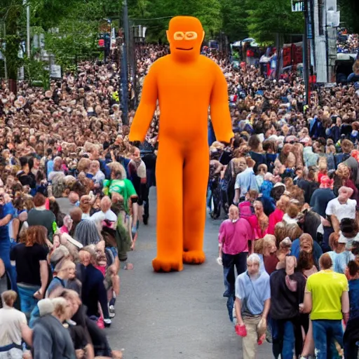 Prompt: a 7 0 foot tall ginger man walking among the crowd