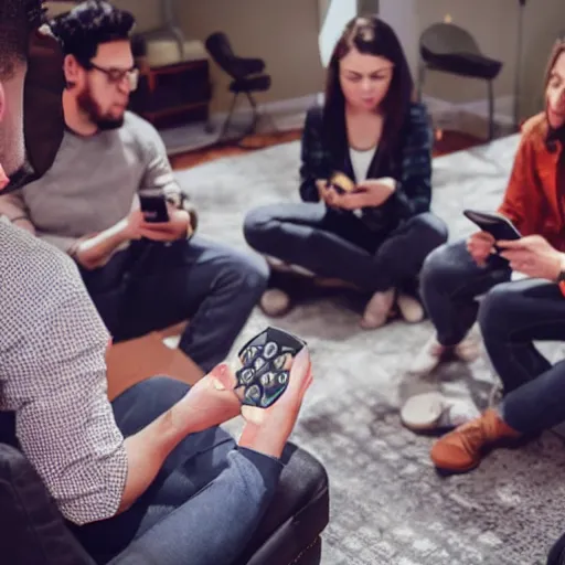 Image similar to a group of adults playing games on their phones while sitting in circle, unreal engine