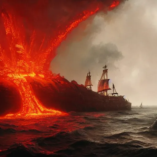 Prompt: pirate ship going to hell, warm temperature, red lightning, sea of lava, hyperdetailed, artstation, cgsociety, by greg rutkowski, by Gustave Dore