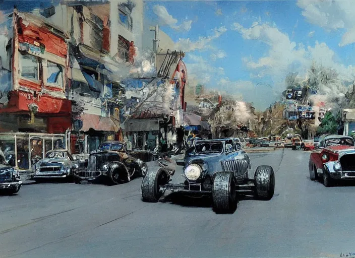 Image similar to hotrods driving down a street , vintage, highly detailed, by John Berkey