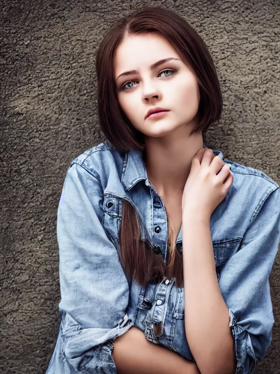 Image similar to hyperdetailed photo of a beautiful ukrainian girl with brown eyes and dark bob hairstyle, winds of winter, with plain jeans and t - shirt