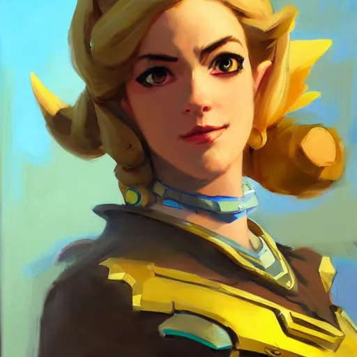 Image similar to greg manchess portrait painting of zelda as overwatch character, medium shot, asymmetrical, profile picture, organic painting, sunny day, matte painting, bold shapes, hard edges, street art, trending on artstation, by huang guangjian and gil elvgren and sachin teng