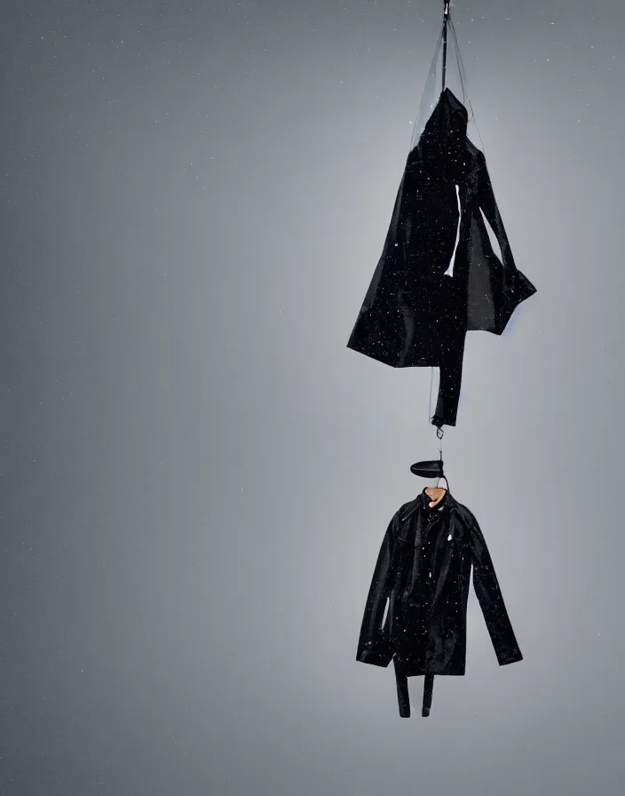 Image similar to close - up portrait of an empty slick fashionable zara raincoat floating suspended mid - air on a glittering rainy display designed by james terrell, wes anderson, symmetry, rule of thirds