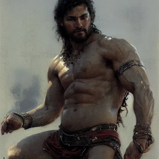 Prompt: Gladiator, muscular, asian, handsome, detailed face, correct face, painting by Gaston Bussiere, Craig Mullins