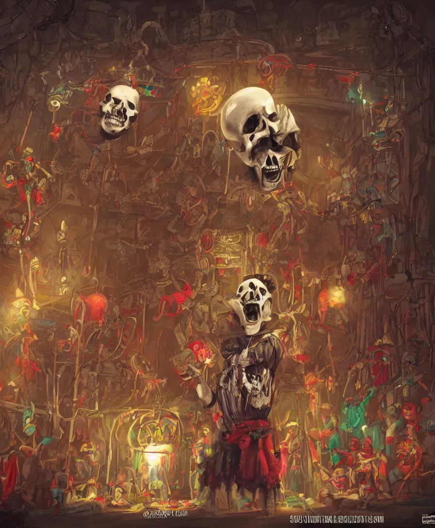 Image similar to skull clown inside a circus, artstation, concept art, illustration