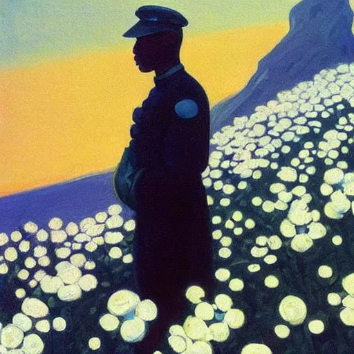 Image similar to black futuristic soldier on a land of white flowers by Edward Hopper