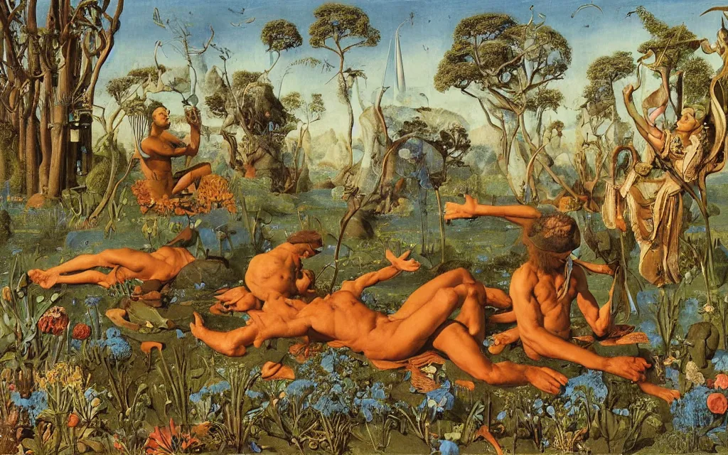 Image similar to a portrait photograph of a meditating satyr and a centaur monk riding a rocket machine and hunting at a river delta. surrounded by bulbous flowers and trees. mountain range under a blue sky of fiery stars. by jan van eyck, max ernst, ernst haeckel, ernst fuchs and artgerm, cgsociety, fashion editorial, 8 k