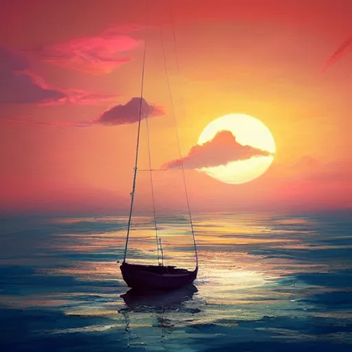 Image similar to a small sailboat flying through the sky, fluffy clouds, red-pink sunset, floating, fantasy, concept art, illustration, artstation award, bright