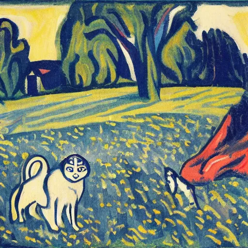 Prompt: a gray scottish fold sitting in the middle of sunny meadow, by ernst ludwig kirchner