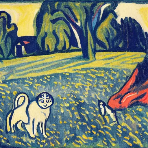 Image similar to a gray scottish fold sitting in the middle of sunny meadow, by ernst ludwig kirchner