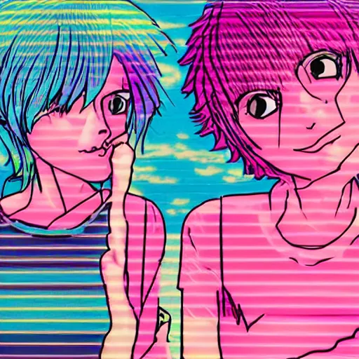 Image similar to vaporwave ramona flowers and scott pilgrim, distorted, warped, varying angles, varying locations, grid,