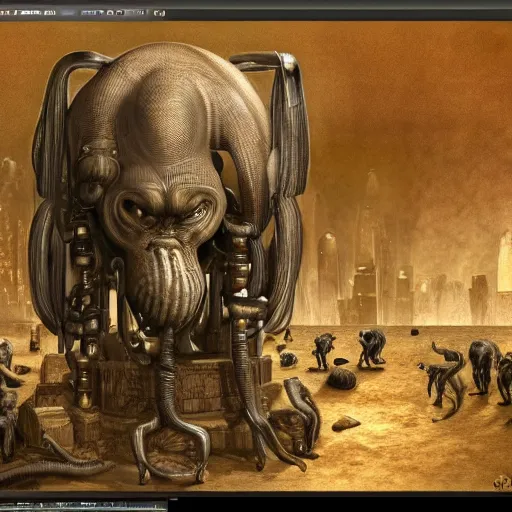 Image similar to Steam computer in ancient time surrounded by apes, highly detailed, highly realistic, artstation, by Hans Giger