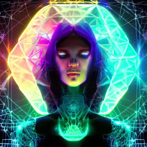 Image similar to intricate holographic quantum ghostwave entanglement goth girl in a sacred geometry cube made of microcircuitry and transistors in a glowing deap sea by nekro, trending on artstation, cgsociety 4 k