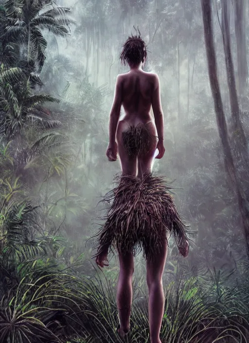 Prompt: a tribal woman from behind, in front of the aircraft carrier USS Nimitz overgrown with vegetation on the ground of a tropical forest, post appocalyptic, by Luis Royo, by Greg Rutkowski, dark, gritty, intricate, backlit, strong rim light, cover illustration, concept art, volumetric lighting, volumetric atmosphere, sharp focus, octane render, trending on artstation, 8k