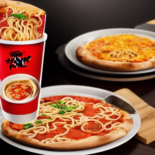 Prompt: pizza hut branded ramen with pizza toppings. photography. food photoshoot. advertisment photography. 4 k. realistic.