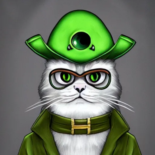 Prompt: anthropomorphic grey persian cat with evil looking green eyes and wearing a pirate hat, trending on artstation