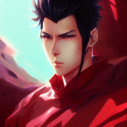 Image similar to anime portrait of a slick black hair guy with red eyes by stanley artgerm lau, wlop, rossdraws, james jean, andrei riabovitchev, marc simonetti, and sakimichan, trending on artstation