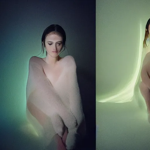 Prompt: kodak portra 4 0 0, 8 k, soft light, volumetric lighting, highly detailed, britt marling style fine art portrait photography, portrait of woman fashion photography skin covered in bioluminescent oyster mushrooms, studio lighting, bright, painterly, junji ito, body horror, cronenberg