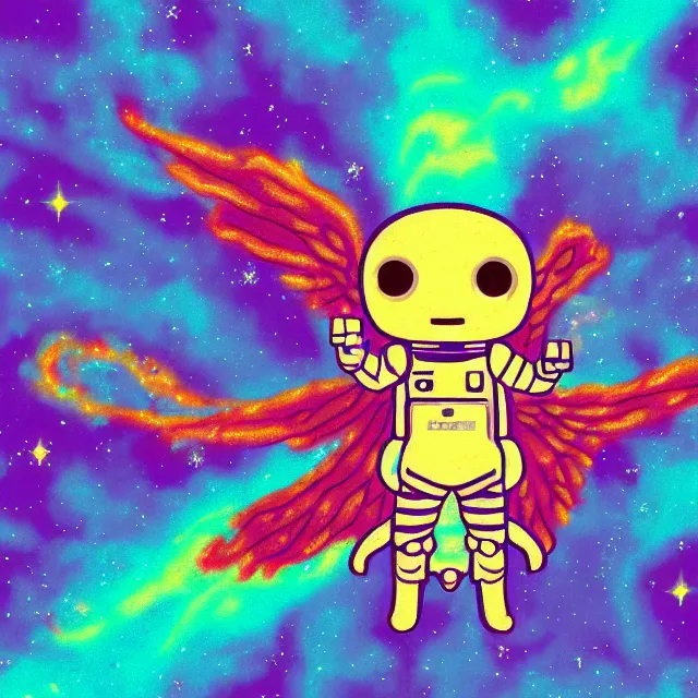 Image similar to a astronaut demon with wings in a nebula explosion, pixel art, pixel, cute, pastel.