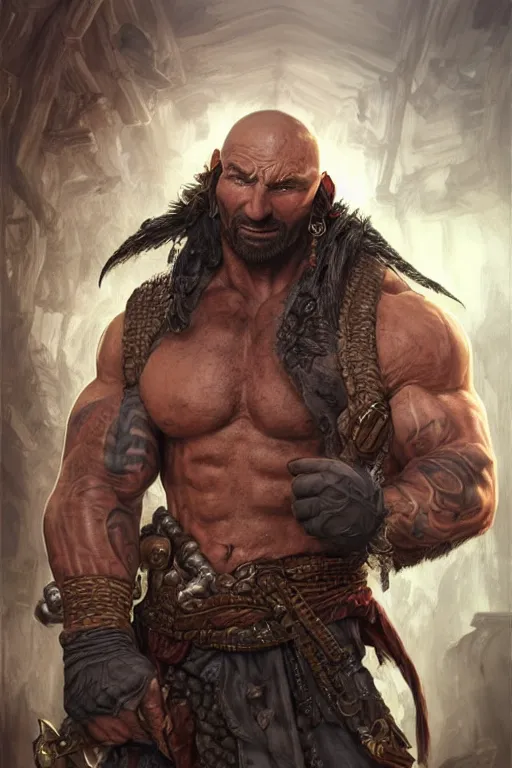 Image similar to ultra realistic illustration, hulking herculean dave bautista as a rogue pirate thief from baldurs gate and diablo, intricate from baldurs gate, elegant, highly detailed, digital painting, artstation, concept art, smooth, sharp focus, illustration, art by artgerm and greg rutkowski and alphonse mucha