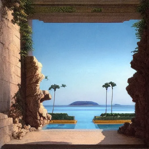 Image similar to David Ligare masterpiece, hyperrealistic surrealism, award winning masterpiece with incredible details, epic stunning, infinity pool, a surreal vaporwave liminal space, highly detailed, trending on ArtStation, broken giant marble head statue ruins, calming, meditative, geometric liminal space, palm trees, very vaporwave, very very surreal, sharp details, artgerm and greg rutkowski and alphonse mucha, daily deviation, IAMAG