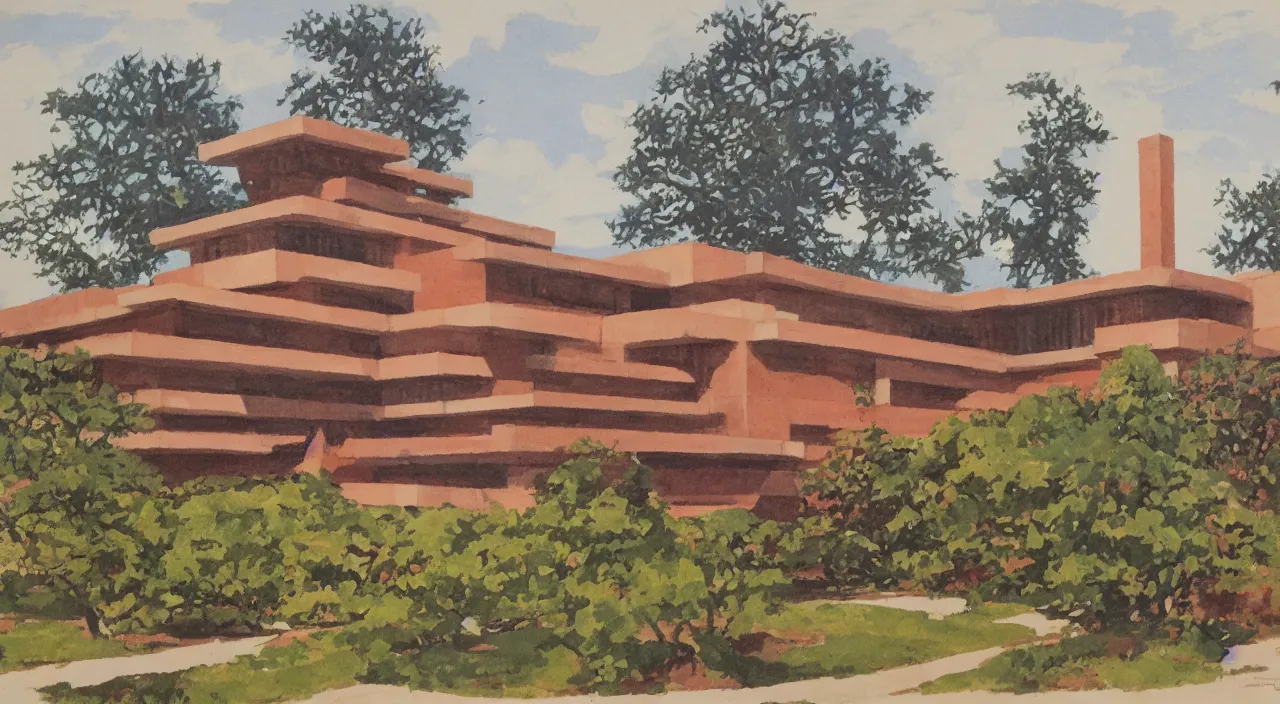 Prompt: gouache by james gurney. building designed by frank lloyd wright