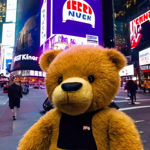 Prompt: New York City with a teddy bear wearing a crown from burger king eating a whopper time square, retro futuristic