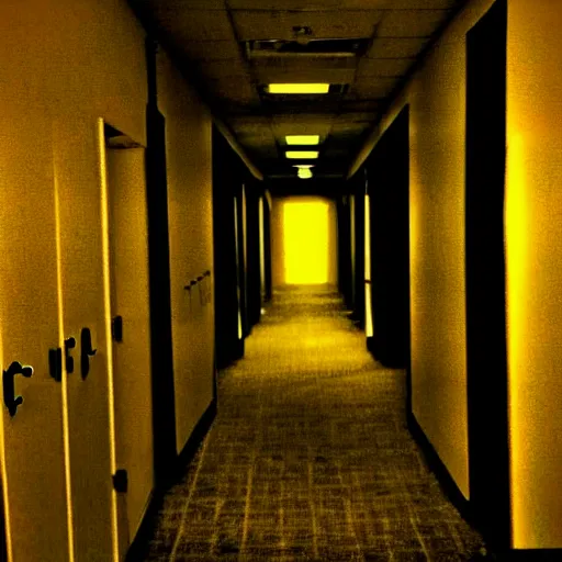 Prompt: a dark figure at the end of a creepy empty office hallway. found footage craiglist photo. in color