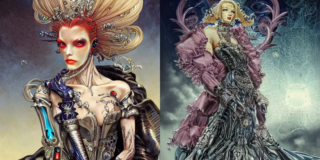 Prompt: portrait of a beautiful cyborg crazy vampire wearing a luxurious dress, face is highly detailed, by masamune shirow, ayami kojima, josan gonzalez, yoshitaka amano, dan mumford, barclay shaw