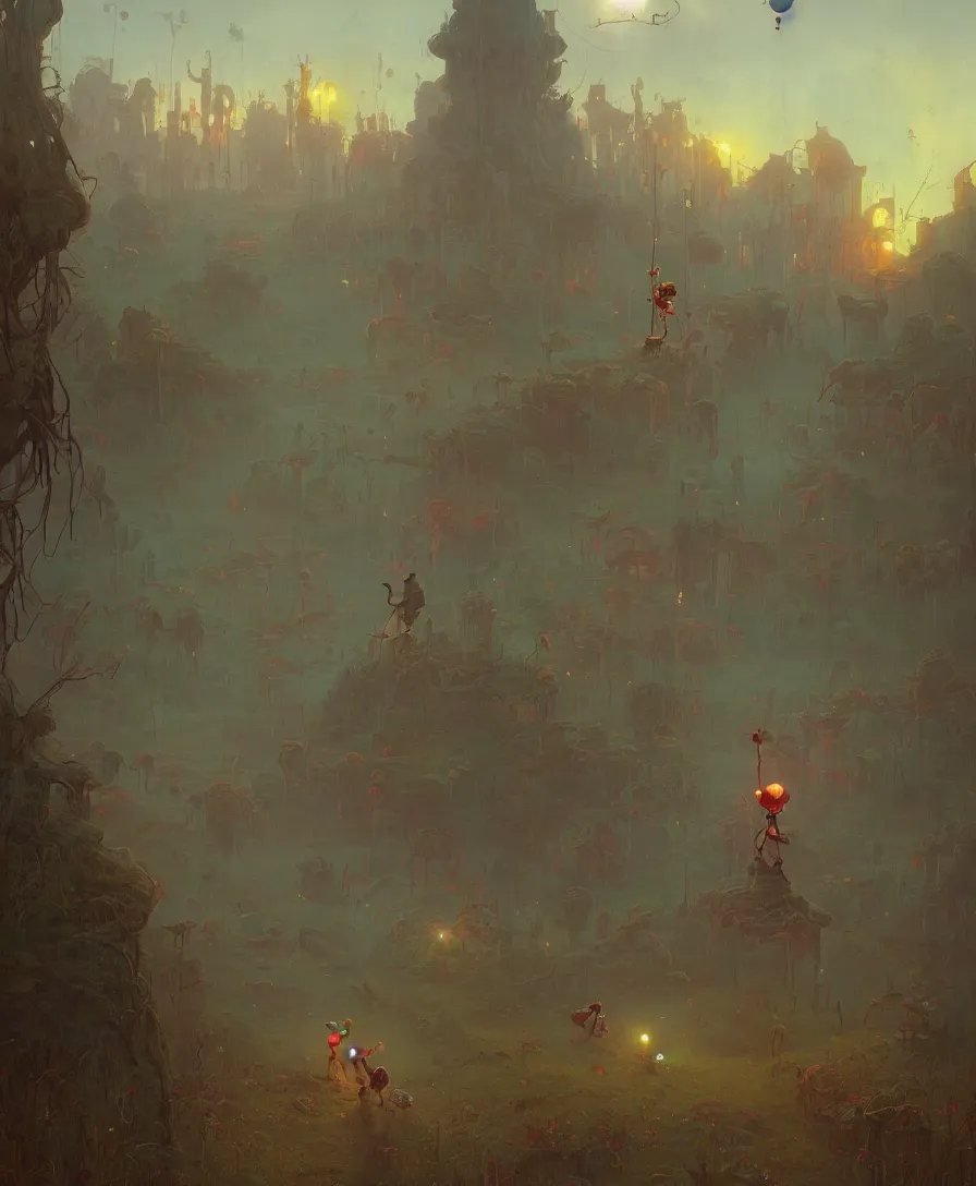 Image similar to clown afterlife, illustrated by Simon Stålenhag and Gaston Bussiere, 35mm lens, beautiful volumetric lighting style atmosphere, intricate, ultra detailed, photorealistic, trending on artstation 8k