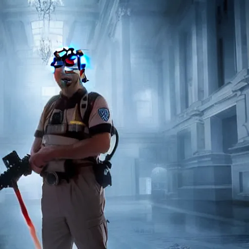 Image similar to stunning awe inspiring donald trump as a ghostbuster, movie still 8 k hdr atmospheric lighting