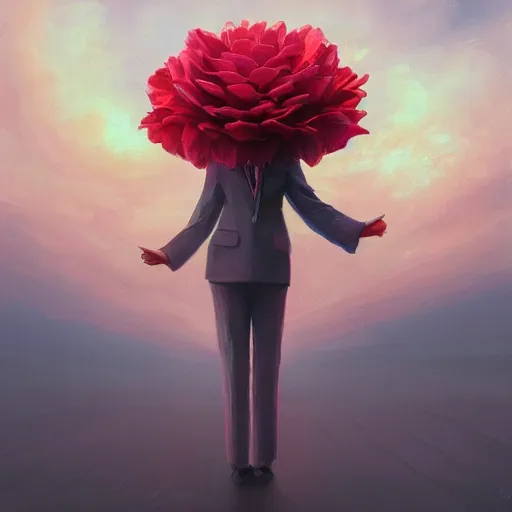 Image similar to closeup, giant rose flower head, frontal, girl in a suit, surreal photography, sunrise, dramatic light, impressionist painting, digital painting, artstation, simon stalenhag