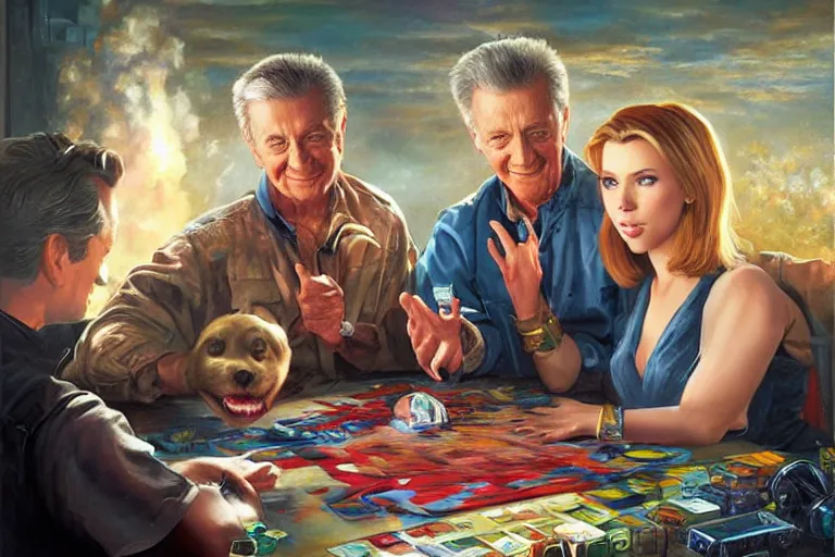 Prompt: portrait of bob barker playing twister with scarlett johansson, an oil painting by ross tran and thomas kincade