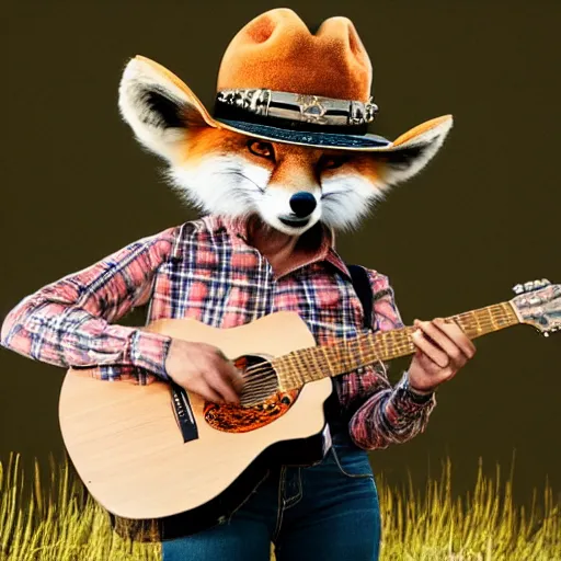 Image similar to a female fluffy anthropomorphic fox animal, wearing cowboy hat, wearing plaid shirt, playing guitar, in a field, barn in background, album cover style