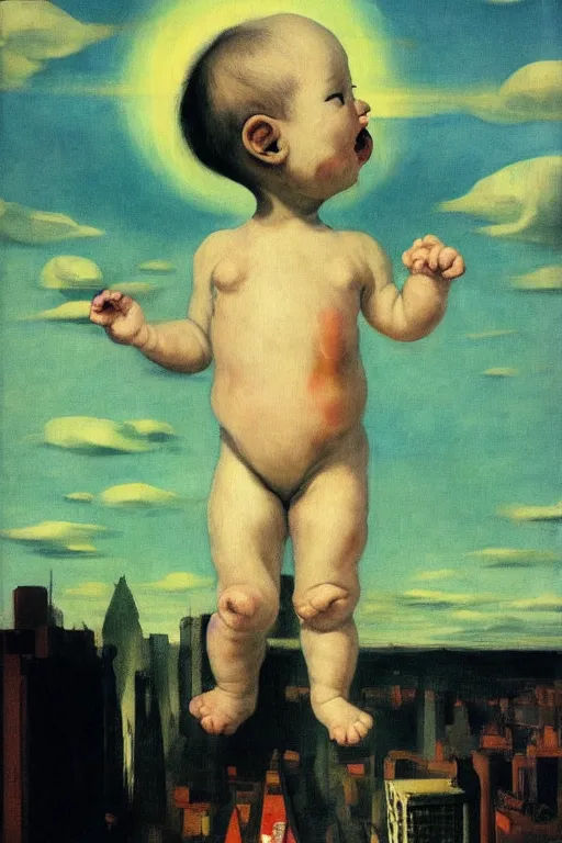 Image similar to evil human giant baby in a diaper, grows up to the sky, against the backdrop of destroyed high - rise building, hauntingly surreal, highly detailed painting by francis bacon, edward hopper, adrian ghenie, gerhard richter, and james jean soft light 4 k,