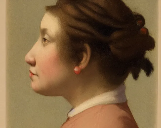 Prompt: colored portrait. the same style. a very unique profile, seen from the side, medium shot, of a woman's profile, with fat face, a straight and long nose, and huge and prominent eyes. her hair is curly. old photograph. sharp image. academicism, highly detailed, color harmony, art station, ornate, caravaggio style. old photography