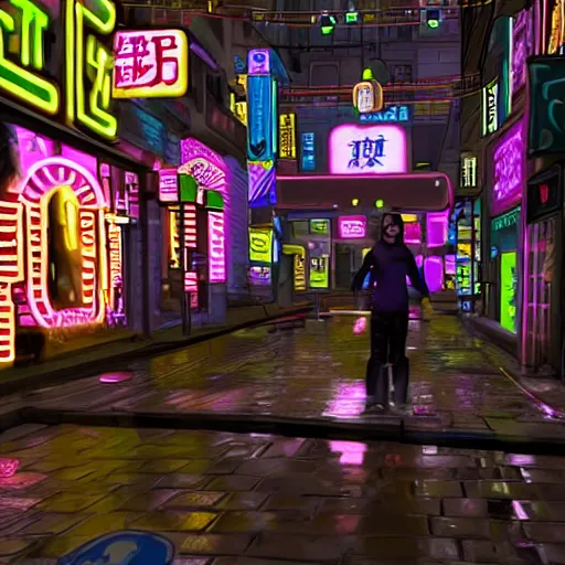 Prompt: A ground-level view of a cat walking on wet cobblestone in a neon-lit alley of a cyber city with many shops with neon signs written in an Asian-like script, Chinese lanterns, and humanoid robots with monitors for their heads, wearing human jackets and chatting with each other. Videogame screenshot