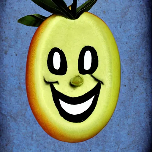 Image similar to A mango with human face smiling mischievous, Wicked smile