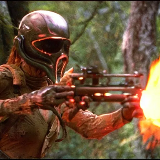 Image similar to film still of a mud - covered sigourney weaver as major dutch holding a flame thrower and hiding behind a rock from the predator in predator 1 9 8 7, hd, 8 k