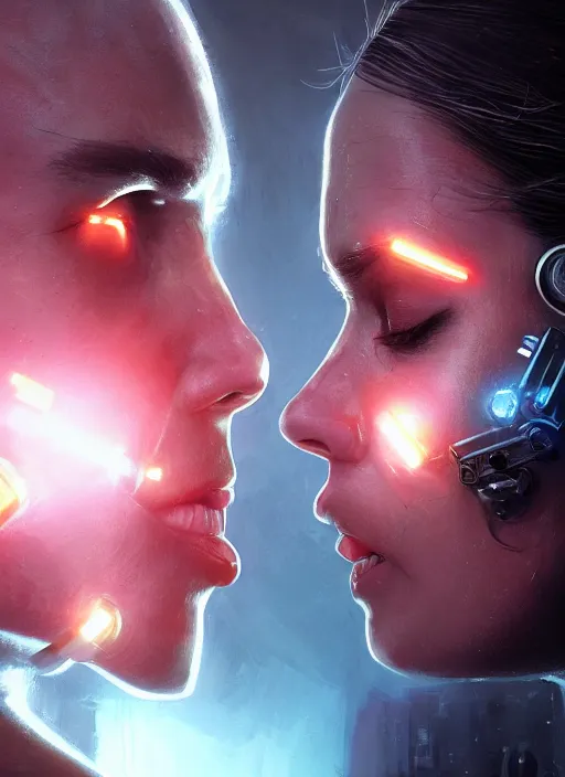 Image similar to ultra realistic close - up of a couple of cyborgs kissing, lovers, faces, cyberpunk, sci - fi, fantasy, led color, flare, soft light, night, highly detailed, digital painting, concept art, sharp focus, illustration, art by artgerm and greg rutkowski and h. r. giger,