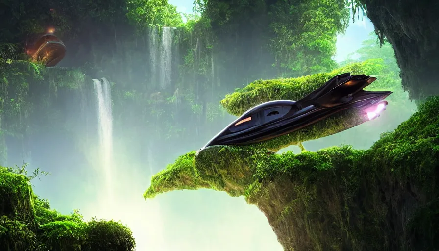 Prompt: a distant scifi flying car floating in a prehistoric jungle cave, lush flora, waterfall, sunset, hazy, volumetric lighting, rtx on, photorealistic render, great composition, very detailed