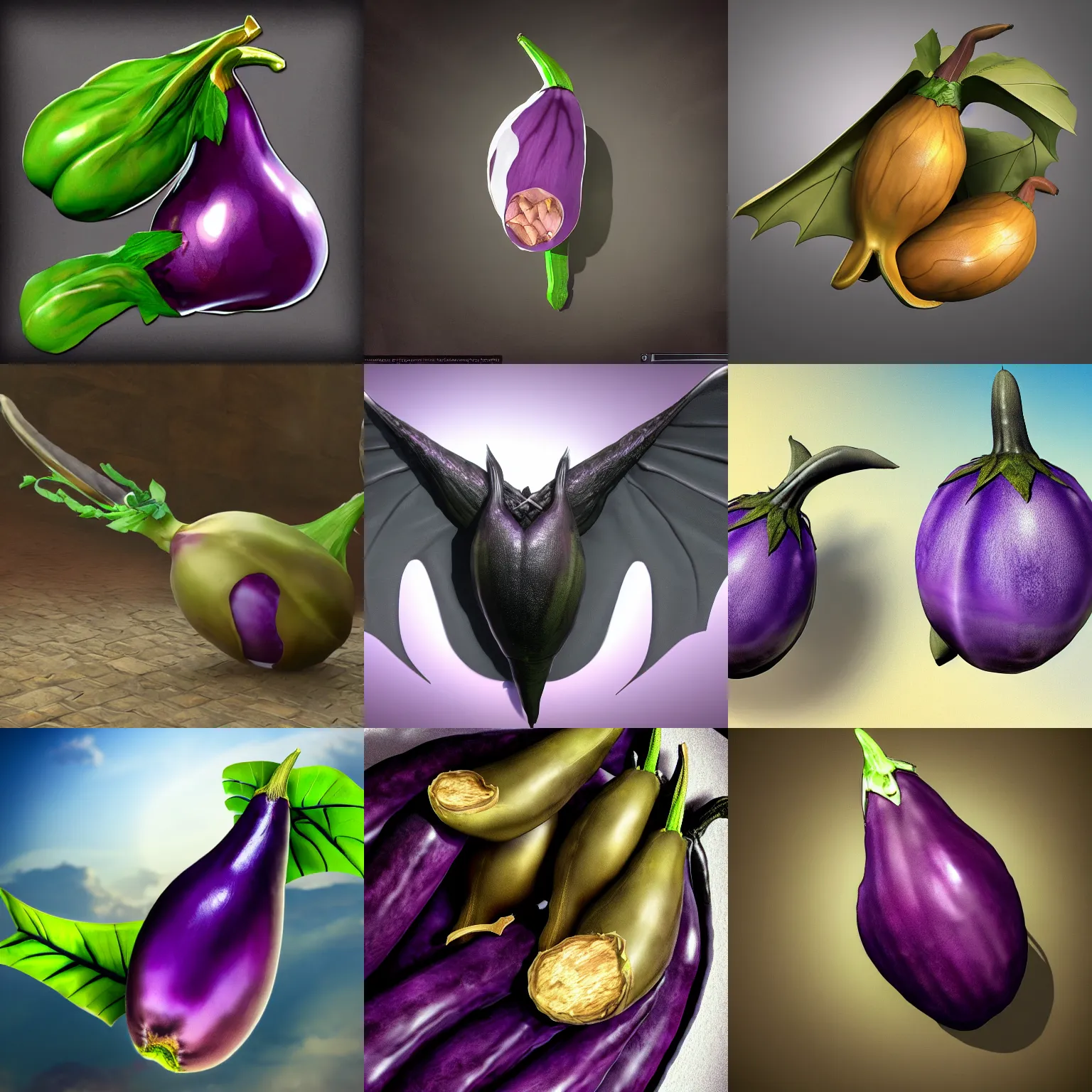 Prompt: an eggplant with bat wings, unreal engine, high detail, flying eggplant