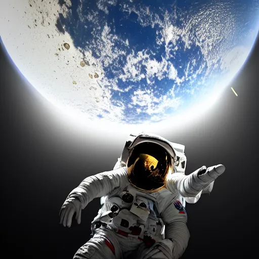 Image similar to An astronaut posing for a photo on the moon with a wormhole behind him swallowing light, matter, and the earth. HDR. dynamic light. space shuttle photography